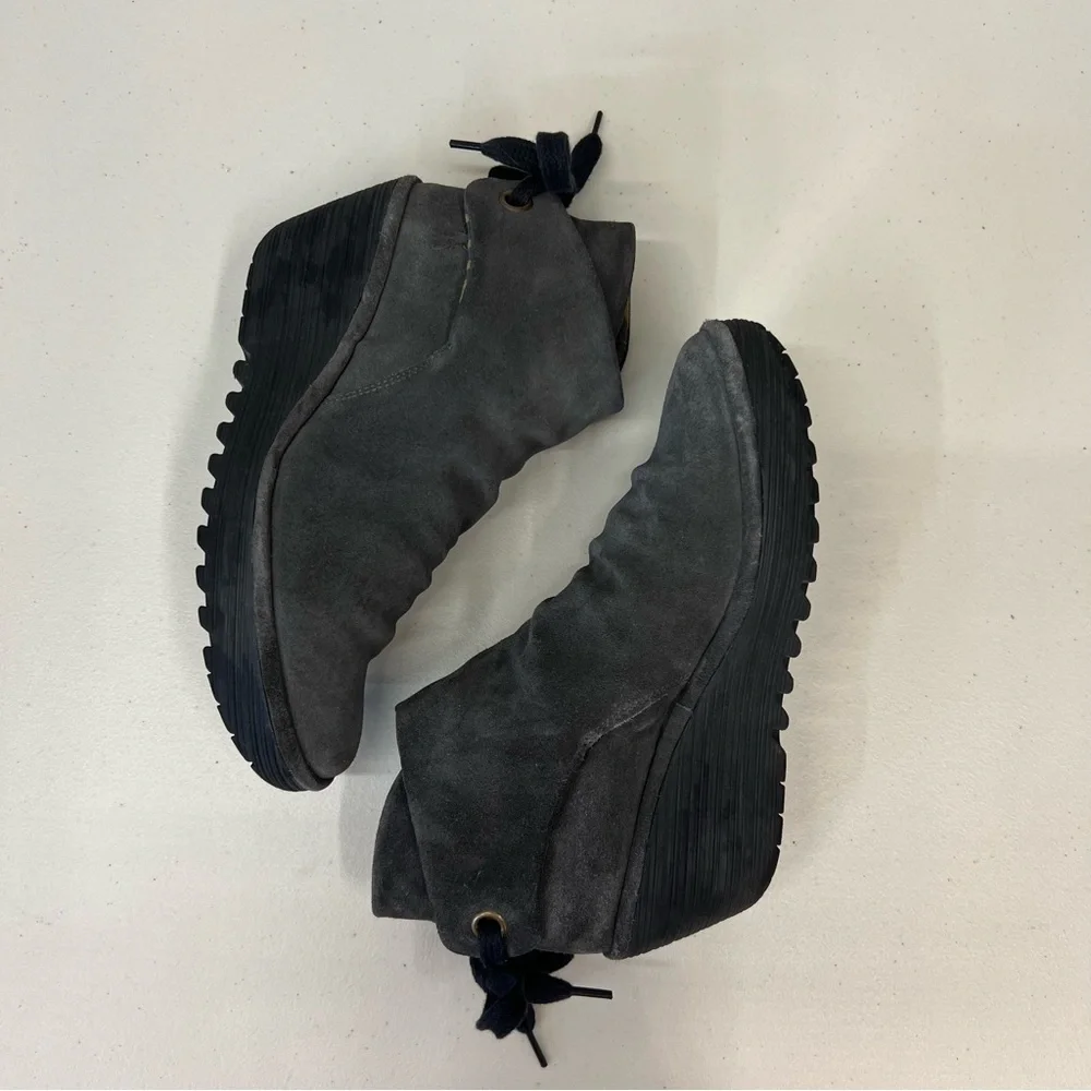 Fly London Yama Wrap Gray Suede Wedge Booties‎ Size 40